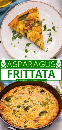 asparagus frittata in a pan and on a plate