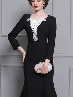 Elegant Embellished Long Sleeve Mother Of The Bride Dress, Fitted Bodice Mother Of The Bride Dress For Banquet, Elegant Long Sleeve Mother Of The Bride Dress, Elegant Black Mother Of The Bride Dress For Banquet, Elegant Fitted Mother Of The Bride Dress For Banquet, Elegant Embellished Dress For Holiday, Elegant Embellished Holiday Dress, Long Sleeve Mother Of The Bride Dress For Banquet, Elegant Evening Dress For Banquet And Holiday