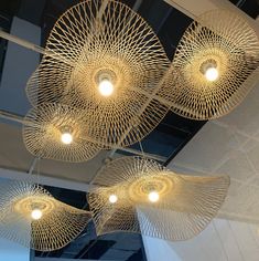 the lights are hanging from the ceiling in the office building, which has been decorated with intricate designs