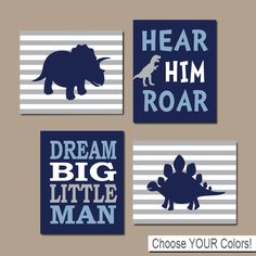 three children's wall art prints featuring dinosaurs and the words, choose your colors