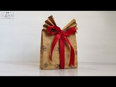 a gift bag with a red ribbon tied around it