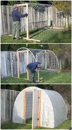 three pictures showing how to build a small greenhouse in the backyard, including two men working on