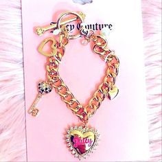 New W/ Box 2" Circumference When Clasped- Adjustable Heart Locket Bracelet, Chunky Charm Bracelet, Juicy Couture Charms Bracelet, Girls Winter Fashion, Juicy Couture Bracelet, Logo Heart, Lock Chain, Juicy Couture Accessories, Juicy Couture Charms