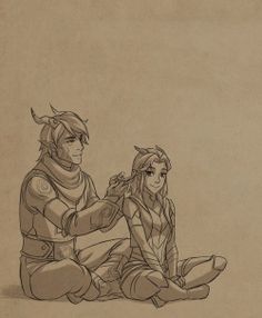 a drawing of two people sitting on the ground