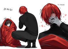 two anime characters sitting on the ground with their backs to each other, one wearing a red hoodie