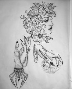 a drawing of a woman's hand with flowers on it and a chain around her wrist