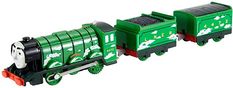 a green and black toy train on white background