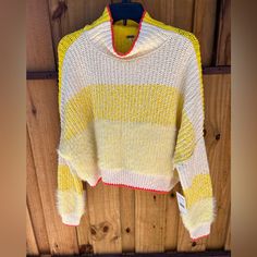 New Women’s Free People Sunbrite Stripe Sweater Size:Medium Retail Price:$128 Chunky Sweater Trendy Yellow Color Block Sweater, Yellow Color Block Tops For Fall, Yellow Color Block Sweater For Winter, Casual Yellow Spring Sweater, Trendy Yellow Spring Sweater, Free People Cardigan, Neutral Sweaters, Duster Cardigan Sweater, Funnel Neck Sweater