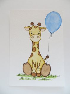 a drawing of a giraffe holding a blue balloon in its mouth and sitting on the ground