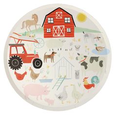 a paper plate with farm animals and farm scenes on the front, along with a barn in the background