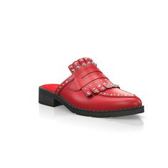 Red Flat Slip-ons With Leather Sole, Casual Red Leather Flats, Red Leather Casual Flats, Red Slip-on Mules With Rubber Sole, Red Loafers With Removable Insole And Round Toe, Red Slip-on Mules With Leather Footbed, Leather Slip-on Clogs With Red Sole, Red Leather Closed Toe Flats, Leather Slip-ons With Red Sole