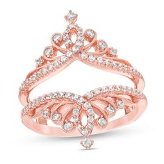 Treat your queen to a vintage-inspired diamond ring solitaire enhancer that reflects her regal style. Crafted in 14K rose gold, this mirrored design features a tiara of milgrain-detailed loops and swirls touched with sparkling diamonds that transforms her solitaire into a look that impresses. Shimmering with 3/8 ct. t.w. of diamonds and a brilliant buffed luster, this magical choice is certain to be treasured. Crown Rings, Solitaire Enhancer, Princess Stuff, Regal Style, Delicate Gold Ring, Blue Diamond Engagement Ring, Unique Engagement Ring Settings, Tiara Ring, Ring Guard