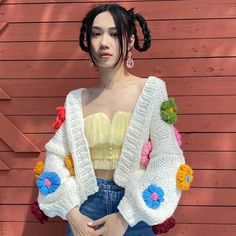 #ad Great shopping ideas for Harajuku Flower Cardigan Sweater Women Sweet Cute Long Sleeve Crop Knit Sweater, Fashion Women's Sweaters Kawaii Flower, Flower Cardigan, Flower Sweater, Style Kawaii, Cropped Knit Sweater, Knitting Women Cardigan, Floral Cardigan, Floral Fit, Floral Knit