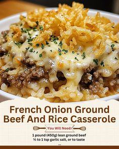 a poster advertising french onion ground beef and rice casserole