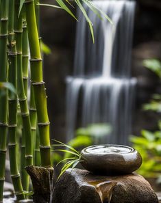 there is a rock with a japanese symbol on it in front of a waterfall and bamboo trees