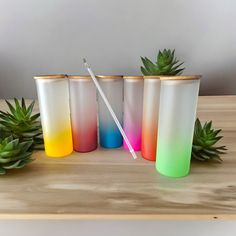 three different colored cups sitting on top of a wooden table next to succulents