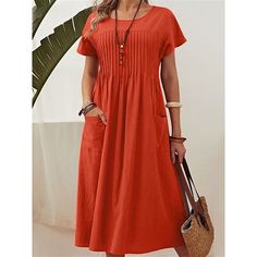 Season:Summer,Spring; Fabric:Linen Cotton Blend; Sleeve Length:Short Sleeve; Look After Me:Machine wash; Gender:Women's; Style:Basic,Modern; Elasticity:Inelastic; Occasion:Daily,Weekend; Fit Type:Loose Fit; Dresses Type:Cotton Linen Dress,Casual Dress; Pattern:Plain; Design:Pocket; Neckline:Crew Neck; Front page:FF; Listing Date:03/01/2024; Production mode:External procurement; 2024 Trends:2023; Bust:; Length:; Shoulder Width:; Sleeve:; Waist:; Dress Length Type:Midi Dress; Print Type:non-printi Casual Dress Midi, Summer Day Dresses, Spring Red, Cotton Linen Dresses, Plain Dress, Trends 2023, Style Basic, Spring Fabric, 2024 Trends