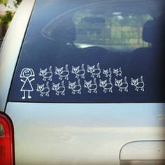 a car that has some stickers on the side of it with cats and dogs