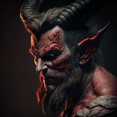 an evil looking man with horns and blood on his face