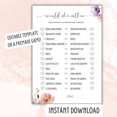 the printable wedding game is displayed on a pink background with flowers and hearts around it