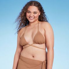 Give your beach style a textural twist with this Crochet Strappy-Detail Triangle Bikini Top from Shade & Shore™. Made from soft and stretchy fabric with comfy lining, this sleeveless swim top in light brown showcases a lovely crochet pattern for a beautiful look. The behind-the-neck ties and a chic crisscross strap front detail that fastens at the back work together to create a personalized fit, while the removable cups and padding provide customizable coverage. Pair with matching, contrast or p Triangle Bra, Shipt Shopper, Swim Top, Bra Cups, Swimwear Fashion, Bra Sizes, Beach Style, Light Brown, Shades