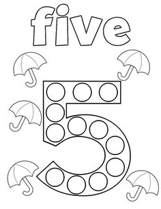 the number five coloring page with umbrellas