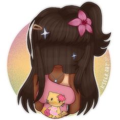 a drawing of a girl with a hello kitty on her shoulder and a pink flower in her hair