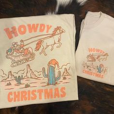 Tan, Short Sleeve, Gildan Brand (Softstyle) T Shirt With “Howdy Christmas” Printed On The Front (Small, Chest Area) & A Full Size Image Printed On The Back. Both Images Are Printed With Our Direct To Garment Printer Using Water Based Inks So The Images Are Super Light Weight! The Gildan Brand, Softstyle T Shirts Are 100% Cotton And A Unisex Fit. These Shirts Are All New With Tags And Are Made And Sold In Our Store. Christmas Tshirt Women, Christmas T Shirt Ideas, Holiday Graphics, Kids Holiday, Christmas Brunch, Cricut Vinyl, Christmas T Shirt, Holidays With Kids, Small Chest