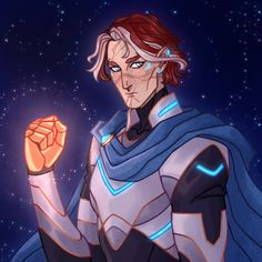 an animated character holding a glowing object in his hand and looking at the camera, with stars in the background