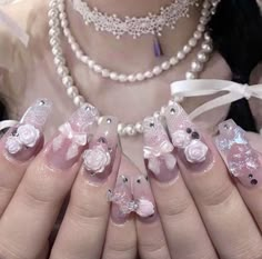 Nails With Rose Charms, Pink Acrylic Nails Coquette, Nails Acrylic Gyaru, Pink Acrylic Nails Coffin Kawaii, Rose Nail Charm, Gyaru Nails, Kawaii Nail Art, Soft Gel Nails, Asian Nails