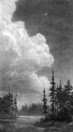 a black and white drawing of clouds over a lake with trees in the foreground