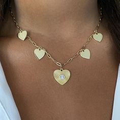 Multi Heart Disc & CZ Heart Textured Charm Chain Necklace  Yellow Gold Plated 16-18 Adjustable Chain Dangle Necklace With Heart Charm For Anniversary, Valentine's Day Dangle Heart Charm Necklace, Valentine's Day Heart Charm Dangle Necklace, Small Heart Necklace, Heart Disc, Heart Charm Necklace, Diamond Heart Ring, Heart Necklace Diamond, Charm Chain