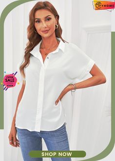 White Collared Button Short Sleeves Shirt Relaxed Fit Shirt With Buttons, Solid Color Plain Button-up Shirt, Solid Collared Tops With Button Cuffs, Casual Short Sleeve Blouse With Snap Buttons, White Short Sleeve Top With Button Cuffs, Solid Color Short Sleeve Button-up Shirt, Casual Plain Button-up Blouse, White Plain Button-up Blouse, White Short Sleeve Shirt With Button Cuffs