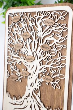 a laser cut tree with names on it