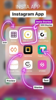 the instagram app on an iphone screen with icons and text in pink, green, blue