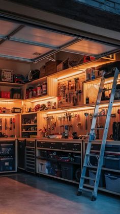 a garage with shelves and ladders filled with tools