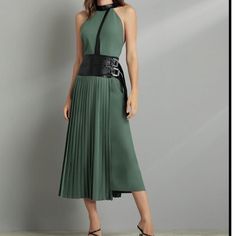 Green Dress With Belt And Pleated Skirt By Skunk. Extern: 95% Polyester 5% Elastane Leather: 100% Polyester Lining: 100% Polyester Made In Brazil Green Belted Midi Dress For Evening, Fitted Midi Dress For Formal Occasions, Fitted Formal Midi Dress, Formal Fitted Belted Pleated Dress, Formal Fitted Pleated Dress With Belt, Pleated Midi Skirt Party Dress, Elegant Green Pleated Dress For Formal Occasions, Elegant Knee-length Belted Pleated Dress, Chic Midi Dress For Workwear