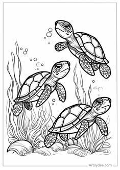 Sea Turtle Coloring Pages, Turtle Coloring, Plant Cartoon, Turtle Coloring Pages, Turtle Drawing, Heart Coloring Pages, Coloring Pages Free Printable, Kids Art Supplies, Free Adult Coloring Pages