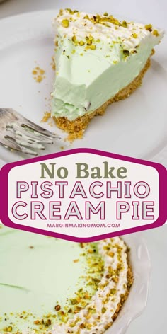 no bake pistachio cream pie on a white plate with a pink border