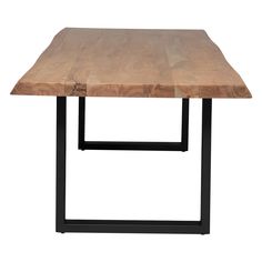 a wooden table with black metal legs and a wood slab on the top, against a white background