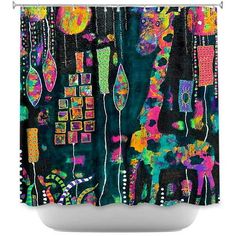 a colorful shower curtain with giraffes on it