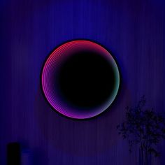 a purple and blue room with a round object on the wall next to a potted plant