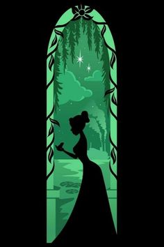 the silhouette of a woman in front of a window with an image of a princess on it