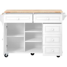 a white kitchen island with drawers on wheels