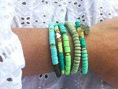 "Fun, summerly Beaded Stack of Stretch Bracelets, handcrafted with delicate turquoise, green, sea green and gold beads that will add a festive, happy and boho vibe to any outfit.  This fashion accessory includes a stack of 5 bracelets that are stretchy, one size, providing a unique and comfortable style. Our bracelets have been designed with high-quality materials, expertly crafted to ensure durability and long-lasting wear. The stretchable feature makes them a versatile option collection that c Stretch Beaded Bracelets Diy, Desert Theme, Layering Bracelets, Stacked Bracelets, Cactus Gifts, Bracelet Stacking, Beach Gifts, Comfortable Style, Green Sea