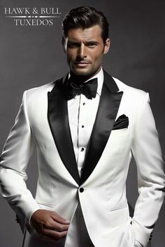 Step into timeless elegance with the Hawk & Bull White Tuxedo with Black Peak Lapel - the perfect choice for weddings, proms, and any black tie event where sophistication is a must. This tuxedo is designed to make you stand out with its classic yet bold look, ensuring you make a lasting impression. Key Features: Premium Fabric:  This tuxedo is meticulously crafted from high quality, imported fabric, providing a luxurious feel and a sharp, tailored silhouette. The crisp white jacket is accented w White Tuxedo For Men, Tuxedo For Men Prom, White Tuxedo Dress, White Dinner Jacket, White Tuxedo Wedding, Tuxedo White, Men Prom, Prom Tuxedo, Black And White Tuxedo