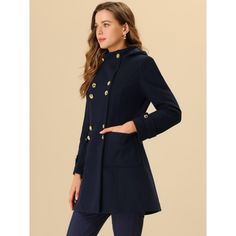 Timeless yet vintage-inspired design, this double-breasted hoodie coat is perfect for a casual and formal occasion in spring, autumn, and winter. This classic coat features a stand collar, hoodie, and pockets for wardrobe addition. Simple pair with sophisticated clutch bags and chic high-heeled shoes for a modern chic look. Slip into this coat on your way to work during cool mornings, or add it as a comfortable layer to your everyday t-shirt and jeans. Classic Coat, Chelsea Boots Women, Classic Coats, Hoodie Coat, Wool Peacoat, Black Velvet Dress, Tweed Dress, Woman Standing, Denim Midi Skirt