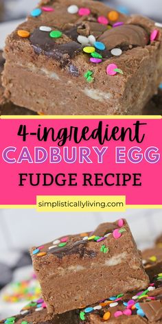 four ingredient cadbury egg fudge recipe with chocolate frosting and sprinkles