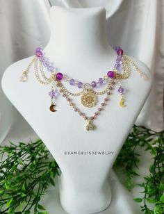 Violet Beaded Princesscore Grunge Necklace is crafted with glass beads, acrylic beads and gold plated  brass chains and accents . It is 14" and has an extansion chain. If you want to change the length,I can customize this product for you.  Please do not wear the necklace while sleeping, showering or doing sports. I advise you to try to keep it away from water, chemicals and perfumes. If you have any request please do not hesitate to ask. Thanks for stop by For more visit my shop: ExangelsJewelry Jewelry Cottagecore, Cottagecore Necklace, Fairycore Necklace, Otherworldly Beauty, Grunge Necklace, Necklace Inspiration, Grunge Fairycore, Hippie Necklace, Diy Hair Bows