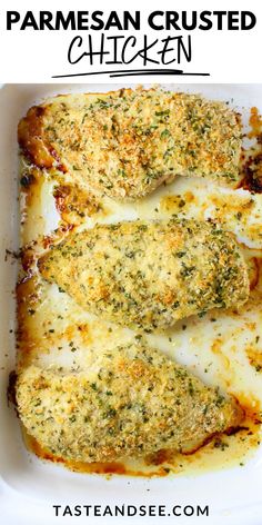 A 9x13 baking dish with three Parmesan crusted chicken breasts cooked until golden and delicious. Baked Cheesy Chicken, Parmesan Crusted Chicken No Bread Crumbs, Parmesan Chicken Breast Recipes, Chicken Breast Parmesan Recipe, Parmesan Crusted Chicken Easy, Healthy Parmesan Crusted Chicken, Bjs Parmesan Crusted Chicken Recipe, Hellmans Chicken Parmesan, Quick Simple Chicken Dinners